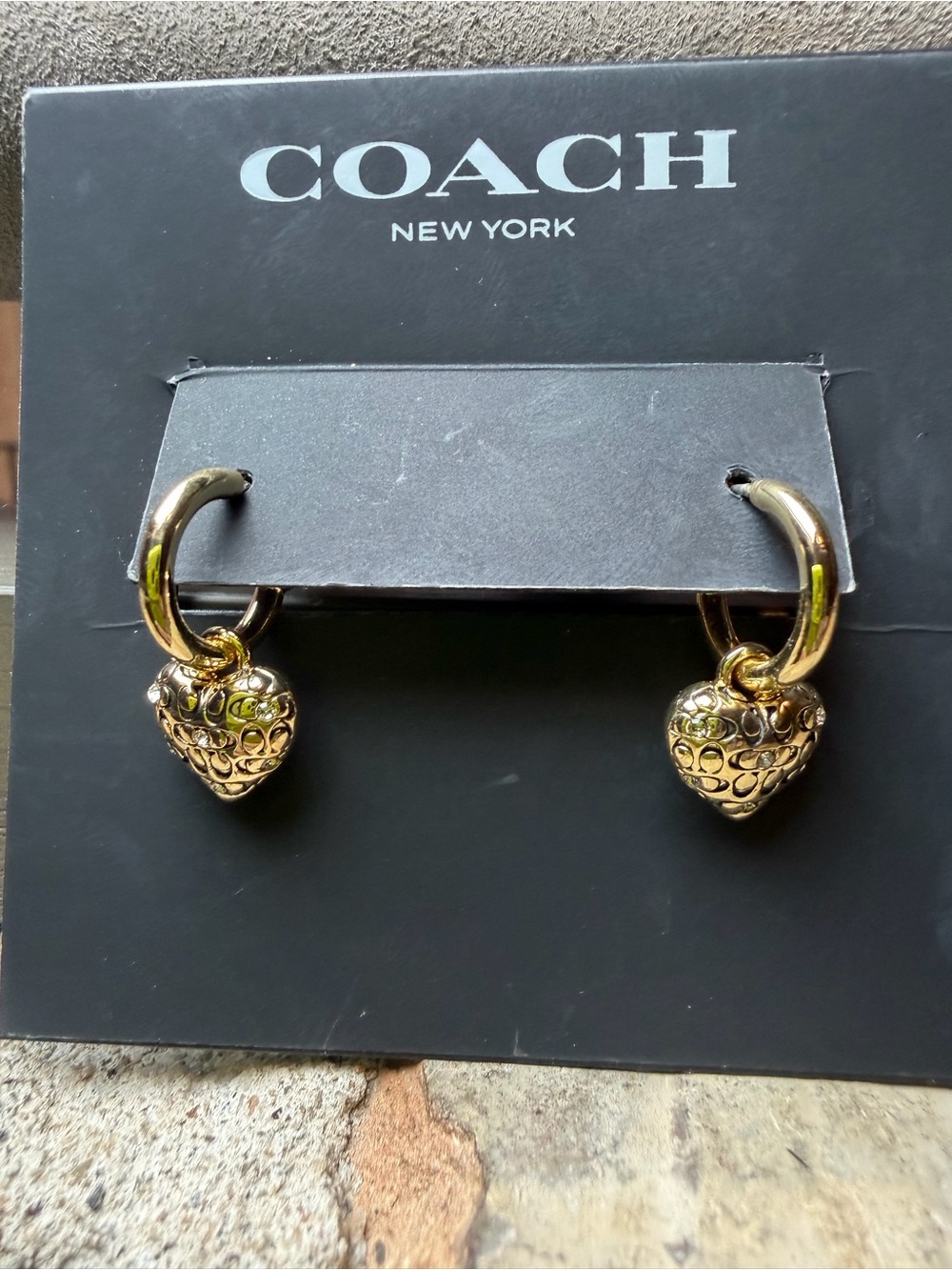 COACH Quilted C Crystal Heart Charm Huggie Earrings - Picture 6 of 8